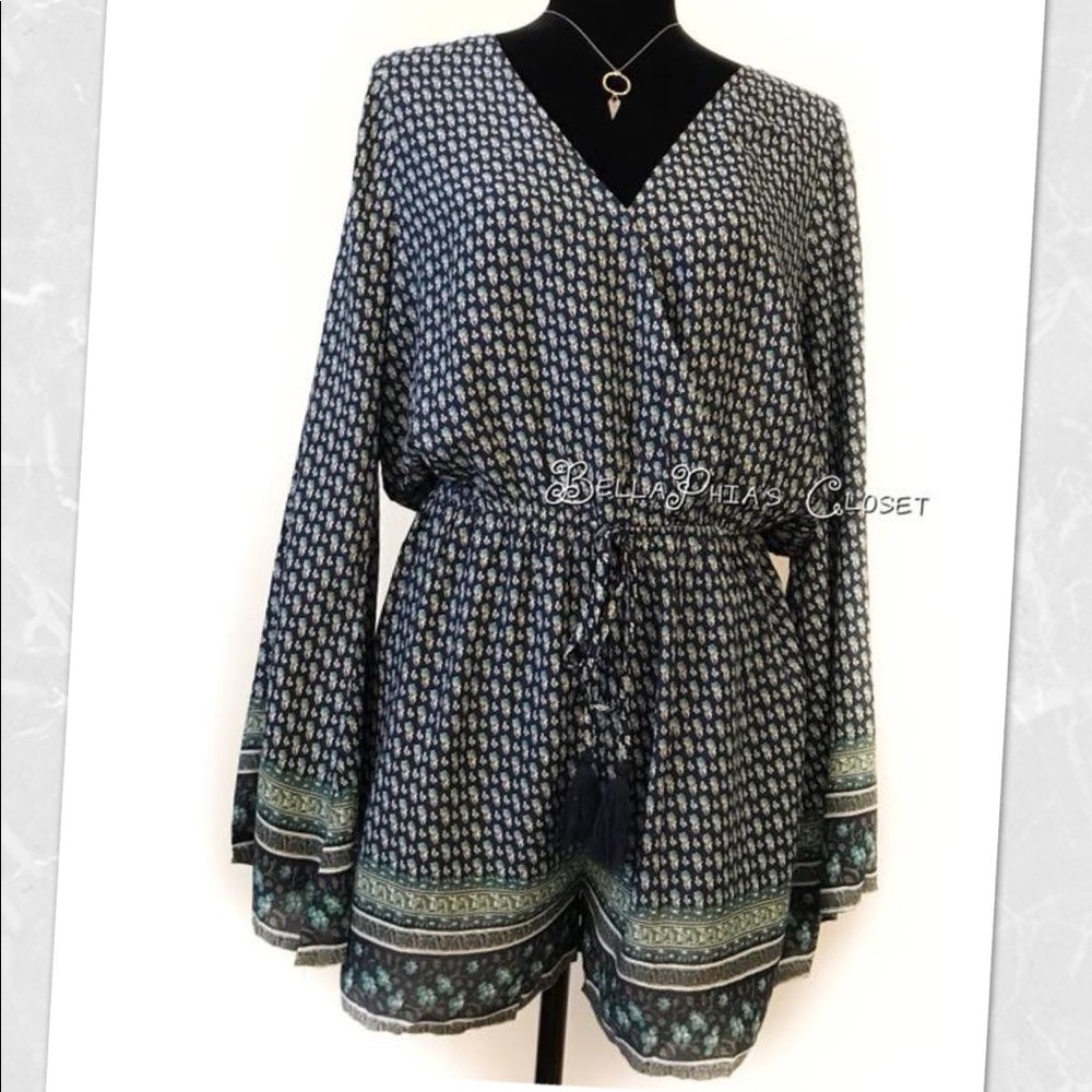 Boho print wide sleeve shorts romper